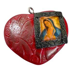Vintage Red Religious Heart Pendant With Virgin Guadalupe Handmade Ornate Frame